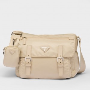 Prada Shoulder Bag with Flap in Beige Re-Nylon