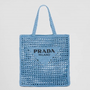 Prada Small Tote Bag In Blue Woven Raffia