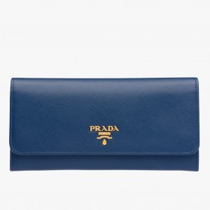 Prada Continental Wallet In Blue Saffiano Leather