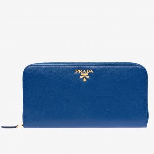Prada Zipped Wallet In Blue Saffiano Leather