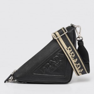 Prada Triangle Shoulder Bag In Black Saffiano Calfskin