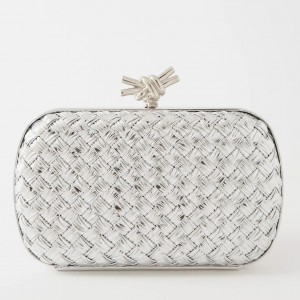 Bottega Veneta Knot Minaudiere Clutch In Silver Intreccio laminated Leather 