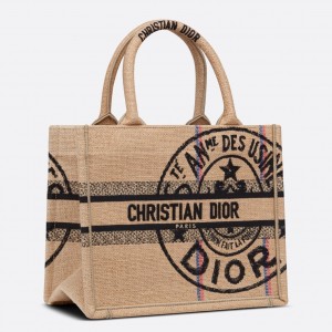 Dior Small Book Tote Bag In Beige Jute Canvas with Dior Union Motif