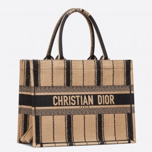 Dior Small Book Tote In Black and Beige Bayadère Embroidered