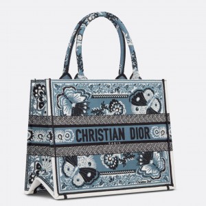 Dior Medium Book Tote Bag in Blue Butterfly Bandana Embroidery