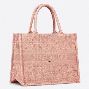 Dior Small Book Tote Bag In Pink Cannage Embroidery