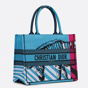 Dior Medium Book Tote Bag In Blue D-Jungle Pop Embroidery