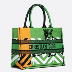 Dior Medium Book Tote Bag In Green D-Jungle Pop Embroidery