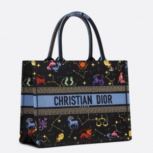 Dior Medium Book Tote Bag In Black Pixel Zodiac Embroidery