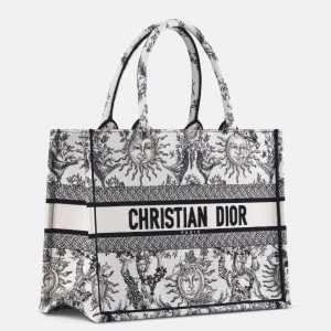 Dior Medium Book Tote Bag in White Toile de Jouy Soleil Embroidery