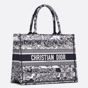 Dior Medium Book Tote Bag In Blue Toile de Jouy Stripes Embroidery