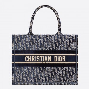 Dior Small Book Tote Bag In Blue Oblique Embroidered Velvet