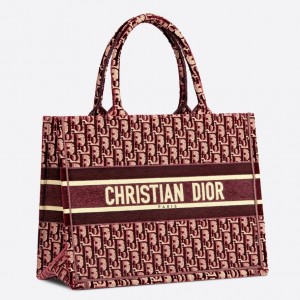 Dior Small Book Tote Bag In Bordeaux Oblique Embroidered Velvet