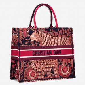 Dior Book Tote Bag In Fuchsia Animals Embroidered Canvas