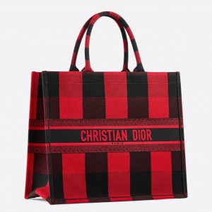 Dior Book Tote Bag In Red/Black Check Embroidered Canvas