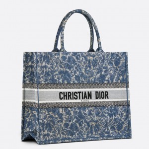 Dior Large Book Tote Bag In Blue Brocart Denim-Effect Embroidery