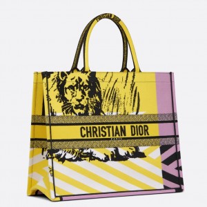 Dior Large Book Tote Bag In Yellow D-Jungle Pop Embroidery