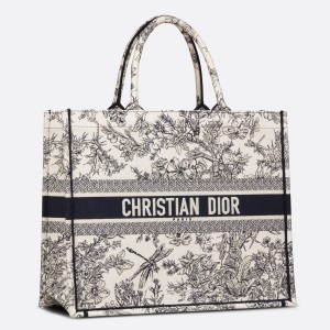 Dior Large Book Tote In Blue Toile de Jouy Flowers Embroidery