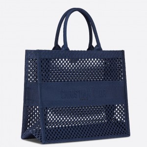 Dior Book Tote Bag In Blue Mesh Embroidery
