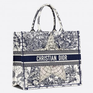 Dior Book Tote Bag In Blue Around The World Embroidered Canvas