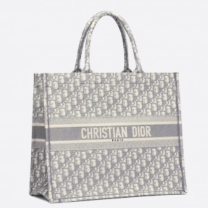 Dior Book Tote Bag In Grey Oblique Embroidery Canvas