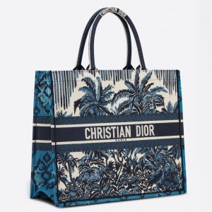 Dior Book Tote Bag In Blue Dior Palms Embroidery