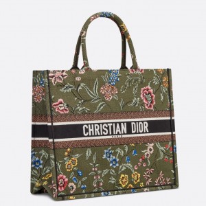 Dior Large Book Tote Bag In Green Dior Petites Fleurs Embroidery