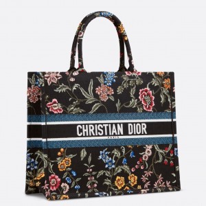 Dior Large Book Tote Bag In Black Dior Petites Fleurs Embroidery