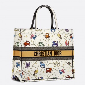 Dior Large Book Tote Bag In White Pixel Zodiac Embroidery