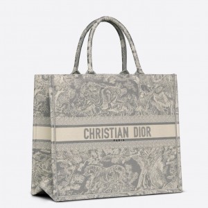Dior Large Book Tote In Gray Toile de Jouy Reverse Embroidery