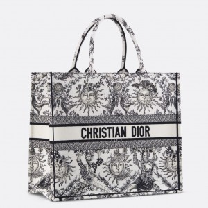 Dior Large Book Tote Bag in White Toile de Jouy Soleil Embroidery