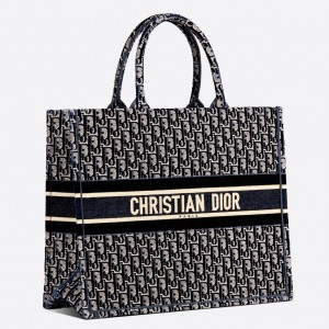 Dior Large Book Tote In Blue Oblique Embroidered Velvet