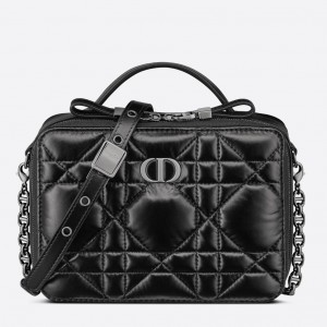 Dior Caro Box Bag with Chain in Black Macrocannage Calfskin