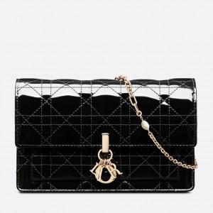 Dior Lady Dior Chain Pouch In Black Patent Calfskin