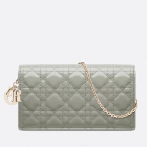 Dior Lady Dior Clutch With Chain In Grey Patent Leather