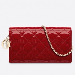Dior Lady Dior Clutch With Chain In Red Patent Calfskin