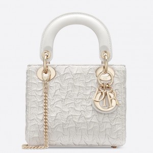 Dior Mini Lady Dior Chain Bag In White Wavy Crinkled Lambskin