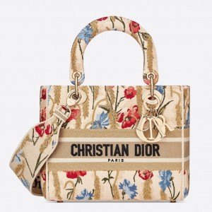 Dior Medium Lady D-Lite Hibiscus Metallic Thread Embroidery Bag 