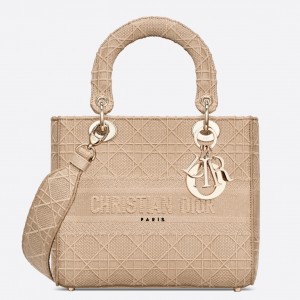 Dior Medium Lady D-Lite Bag In Beige Embroidered Canvas