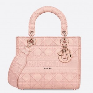 Dior Medium Lady D-Lite Bag In Pink Embroidered Canvas