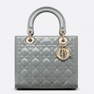 Dior Medium Lady Dior Bag In Grey Patent Cannage Calfskin