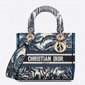 Dior Medium Lady D-Lite Bag In Blue Dior Palms Embroidery