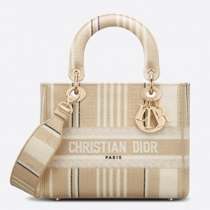 Dior Medium Lady D-Lite Bag In Beige Stripes Embroidery