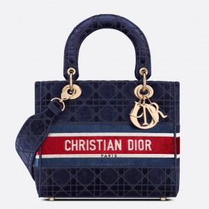 Dior Medium Lady D-Lite Bag In Blue Velvet Embroidery