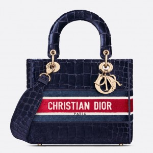 Dior Medium Lady D-Lite Bag In Blue Crocodile Embroidered Velvet