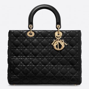 Dior Large Lady Dior Bag In Black Lambskin