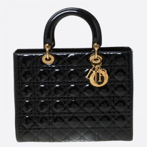Dior Large Lady Dior Bag In Black Patent Leather