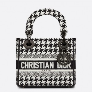 Dior Mini Lady D-Lite Bag In Black and White Houndstooth Embroidery