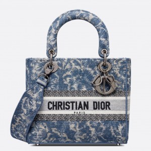 Dior Medium Lady D-Lite Bag In Blue Brocart Denim-Effect Embroidery