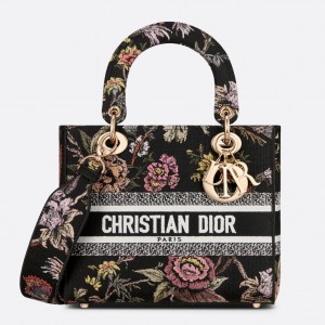 Dior Medium Lady D-Lite Bag In Black Jardin Botanique Embroidery